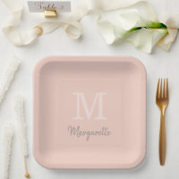 Peach Name and Initial Monogram Paper Plates