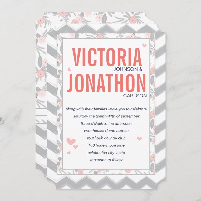 Peach Navy and Grey Zig Zag Typography Wedding Invitation (Front/Back)