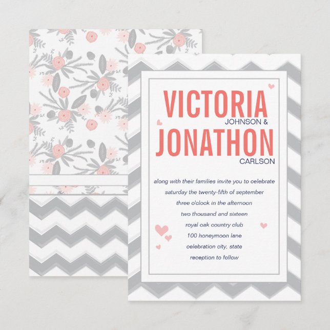 Peach Navy and Grey Zig Zag Typography Wedding Invitation (Front/Back)