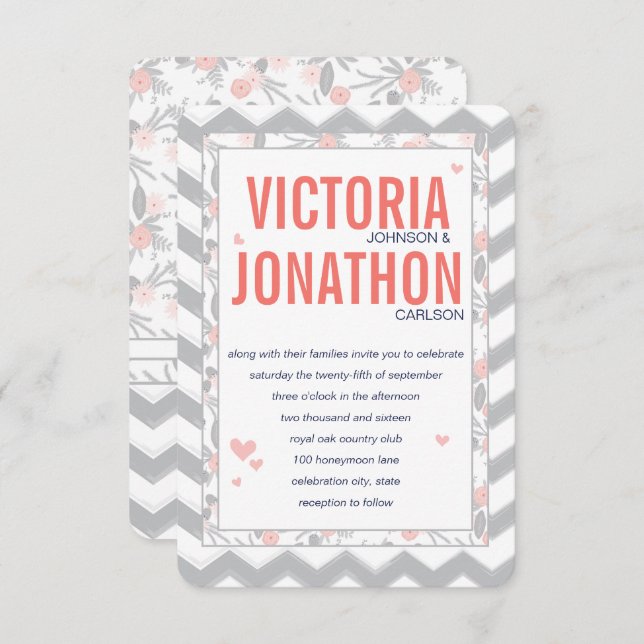 Peach Navy and Grey Zig Zag Typography Wedding Invitation (Front/Back)