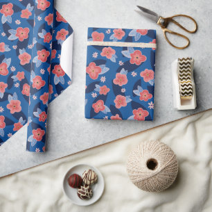 Peach Navy Blue floral birthday Wrapping Paper
