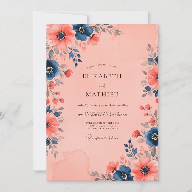 Peach Navy Blue Stunning Floral Wedding Invitation (Front)