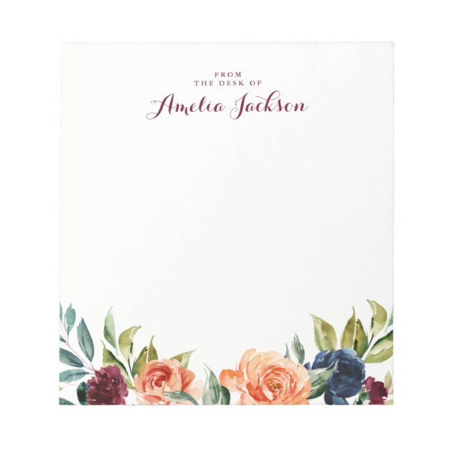 Peach Navy Floral Personalised Notepad Stationery (Front)