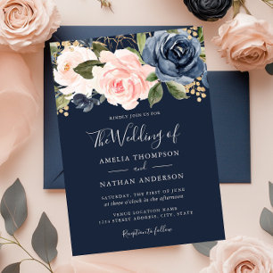 Peach Navy Watercolor Florals Wedding  Invitation 