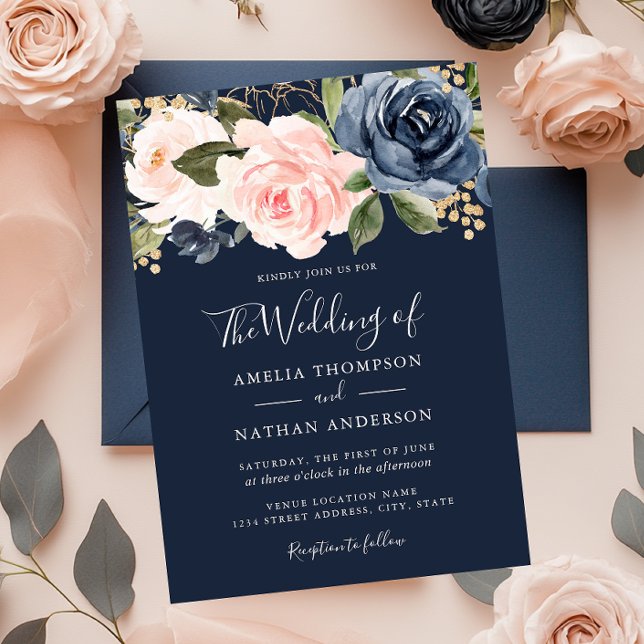 Peach Navy Watercolor Florals Wedding  Invitation  (Creator Uploaded)