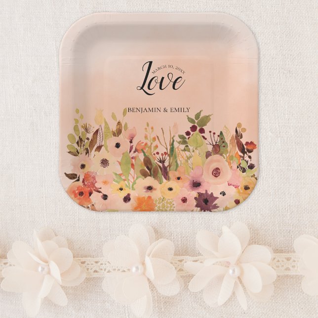 Peach Ombre Watercolor Floral Wedding Paper Plate (Creator Uploaded)