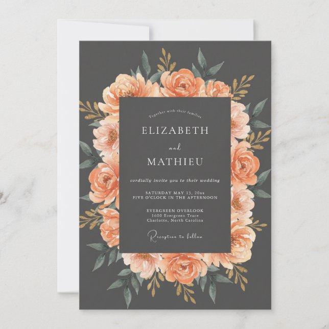 Peach Opulent Floral Wedding Invitation (Front)