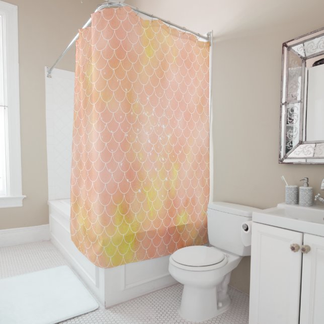 Peach Orange and Yellow Mermaid Pattern Shower Curtain (In Situ)