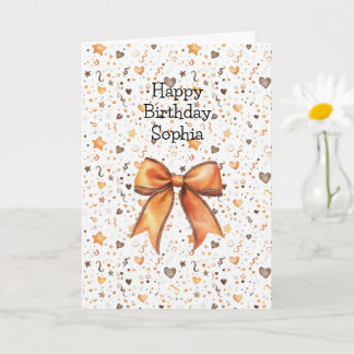 Peach Orange Bow Hearts Stars Confetti Birthday Card