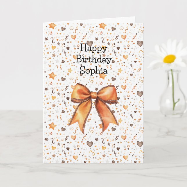 Peach Orange Bow Hearts Stars Confetti Birthday Card (Small Plant)
