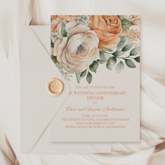 Peach Orange Cream Floral 25th Anniversary Invitation (Peach and cream-colored 25th wedding anniversary dinner party invitation)