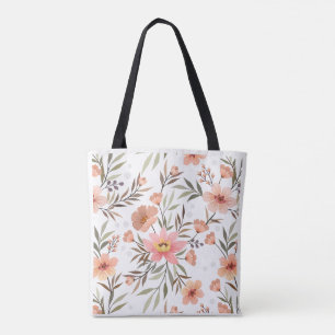 Peach Orange Floral Botanical Pattern Shoulder Tote Bag