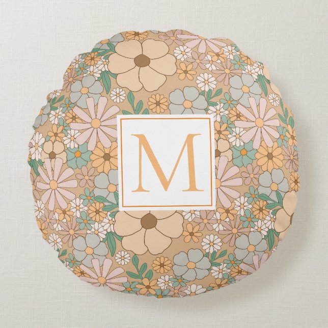 Peach Orange Floral | Persnalize Monogram Round Cushion (Front)