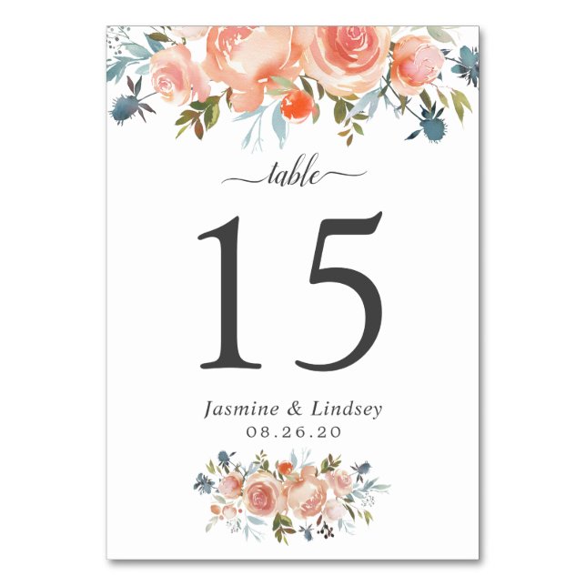 Peach Orange Floral Wedding Table Number (Front)