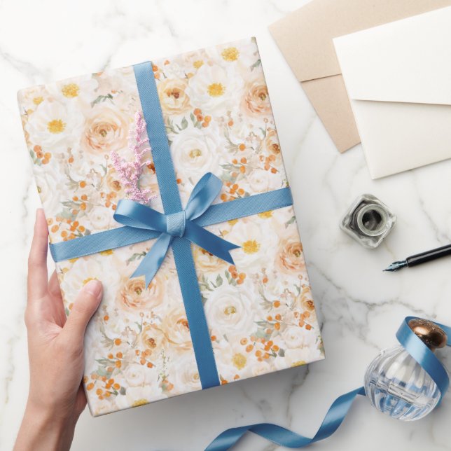 Peach Orange Flowers Birthday Wrapping Paper (Gifting)