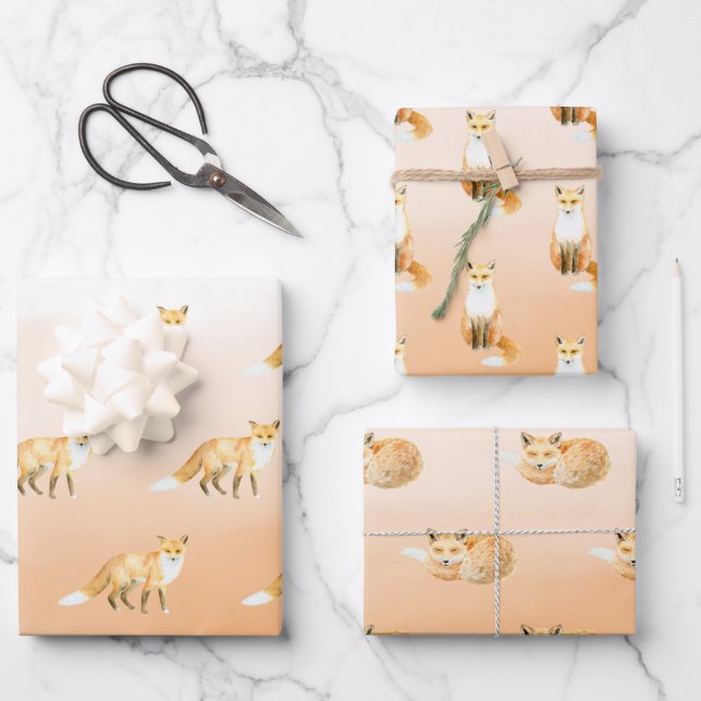 Peach Orange Foxes Wrapping Paper Sheet (Front)