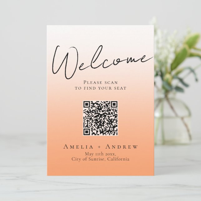 Peach Orange Fuzz Wedding QR Code Seating Chart (Standing Front)