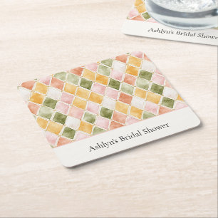 Peach Orange Green Yellow Blush Pink Bridal Shower Square Paper Coaster