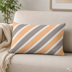 Peach Orange Grey Stripes with Name Lumbar Cushion