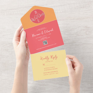 Peach Orange Monogram Wedding All In One Invitation