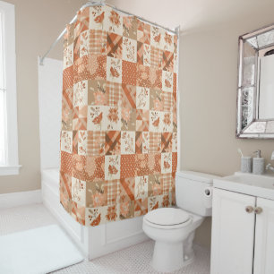 Peach Orange Patchwork Quilt Rustic Floral Retro Shower Curtain