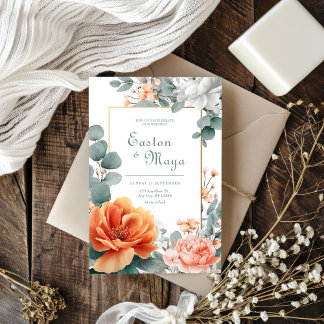 Peach Orange Peony Eucalyptus Gold Frame Invitation