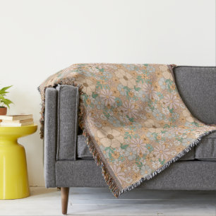 Peach Orange Pink Gray Floral Throw Blanket