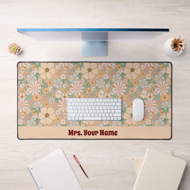 Peach Orange Pink Grey Floral Desk Mat (Office 1)