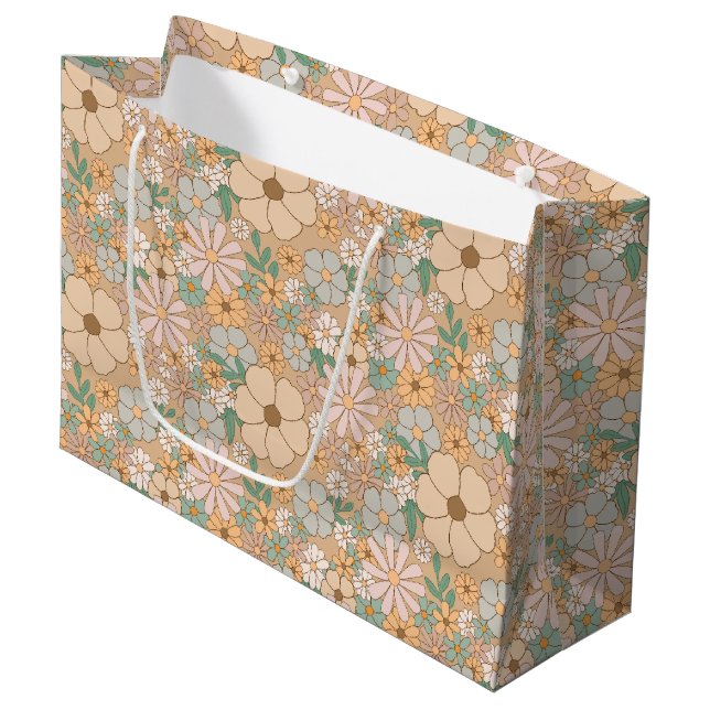Peach Orange Pink Grey Floral Large Gift Bag (Front Angled)