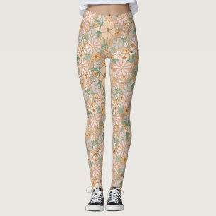 Peach Orange Pink Grey Floral Leggings