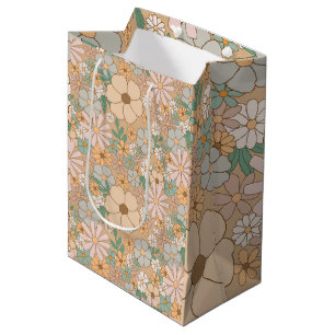 Peach Orange Pink Grey Floral Medium Gift Bag
