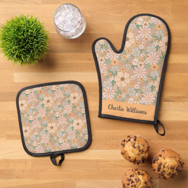 Peach Orange Pink Grey Floral Oven Mitt & Pot Holder Set (Top Down)