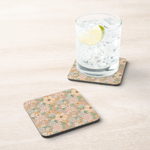 Peach Orange Pink Grey Floral, Plastic  Coaster
