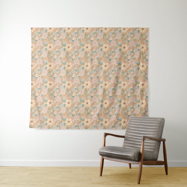 Peach Orange Pink Grey Floral Tapestry (In Situ (Horizontal))
