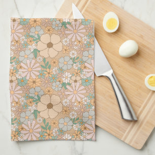 Peach Orange Pink Grey Floral Tea Towel