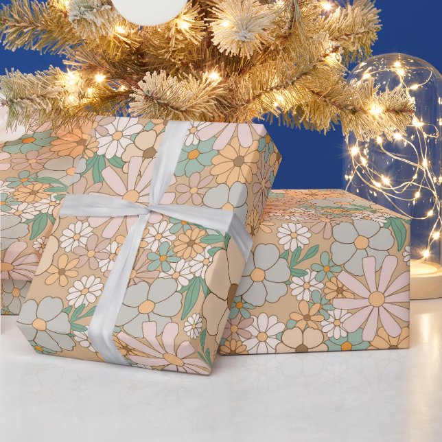 Peach Orange, Pink Grey, Floral, Wrapping Paper (Holidays)