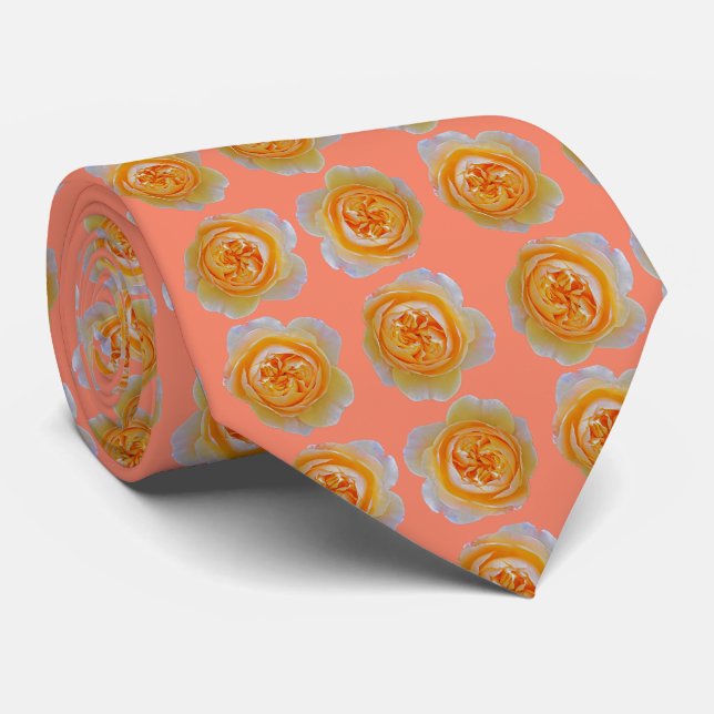 Peach Orange Rose Elegant Repeating Pattern Peach Tie (Rolled)