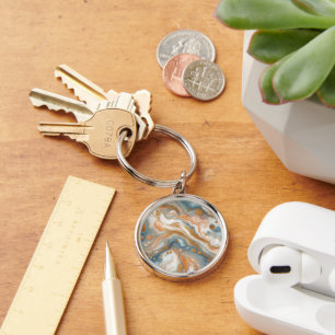 Peach Orange Teal Blue White Gold Marble Pattern Key Ring