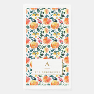 Peach Orange Watercolor Floral Monogram Family Napkin