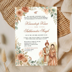 Peach Orange Watercolor Roses Floral Sikh Wedding Invitation