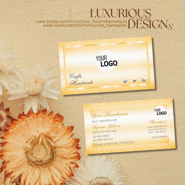 Peach Orange with Diamonds and Logo Glamourous Business Card (Creator Uploaded)