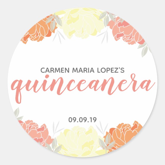 Peach Orange & Yellow Peonies Quinceañera Birthday Classic Round Sticker (Front)