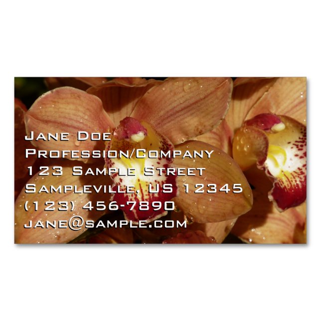 Peach Orchids with Raindrops Floral Magnetic Business Card (Front)
