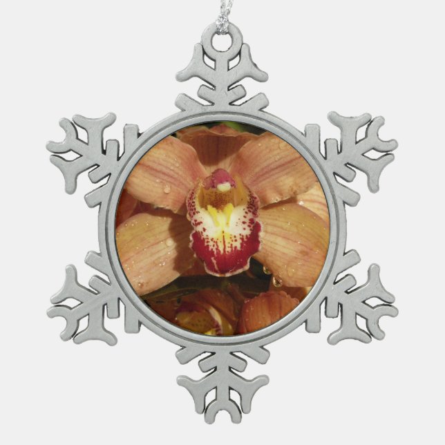 Peach Orchids with Raindrops Floral Snowflake Pewter Christmas Ornament (Front)