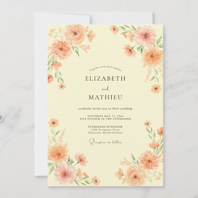Peach Painterly Floral Garland Wedding Invitation (Front)