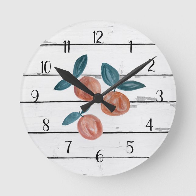 Peach Painting Rustic Shiplap Farmhouse Decor Round Clock (Front)