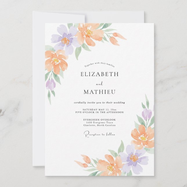 Peach Pale Lilac Wildflower Wedding Invitation (Front)