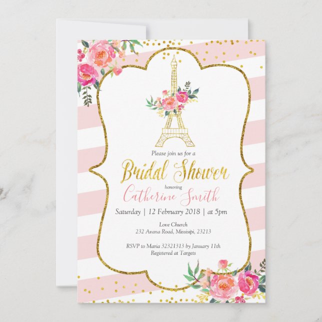 Peach Paris Floral Romantic Bridal Shower Invitation (Front)
