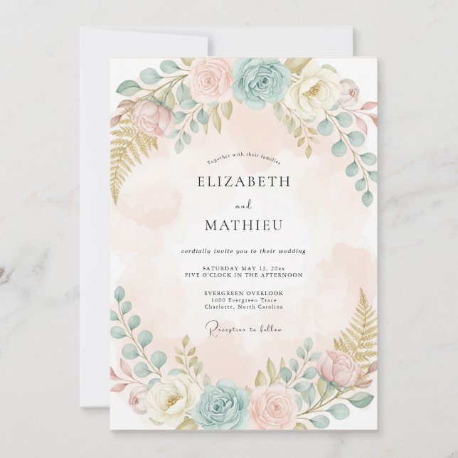 Peach Pastel Floral Wedding Invitation (Front)