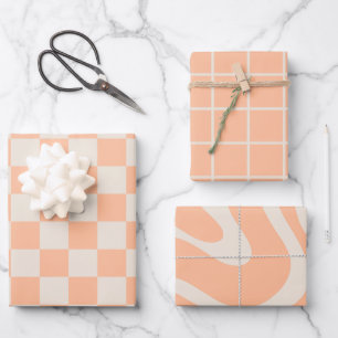 Peach Pastel Minimalist Check Line Swirl Patterns Wrapping Paper Sheet